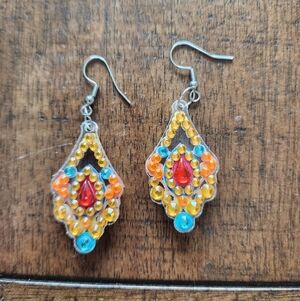 Multicolor Teardrop Dangle Earrings with Red Center